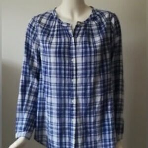 Lucky Brand Women’s Button Down Blue White Plaid Long Sleeve Peasant Boho Blouse
